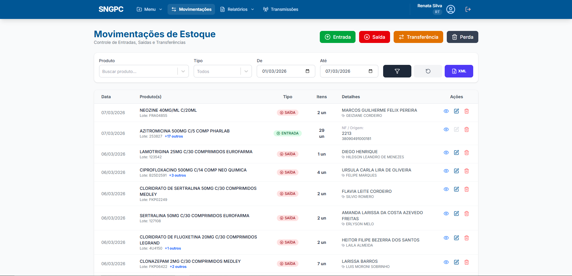 Print da tela de registro de movimentações